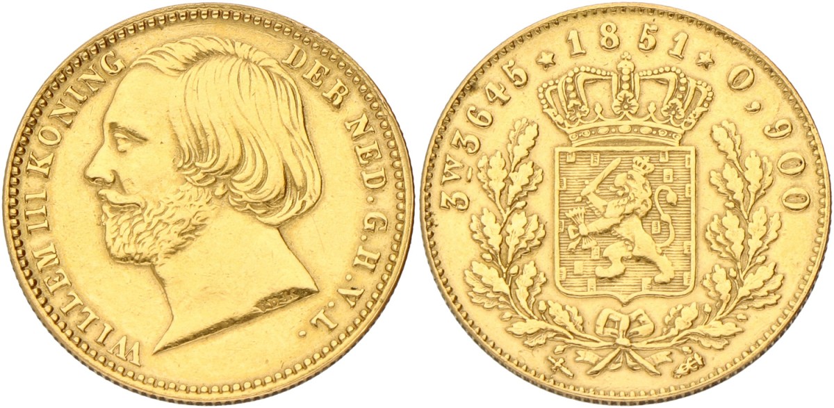 Halve gouden Willem of negotiepenning van 5 Gulden. Willem III. 1851. VF / XF.