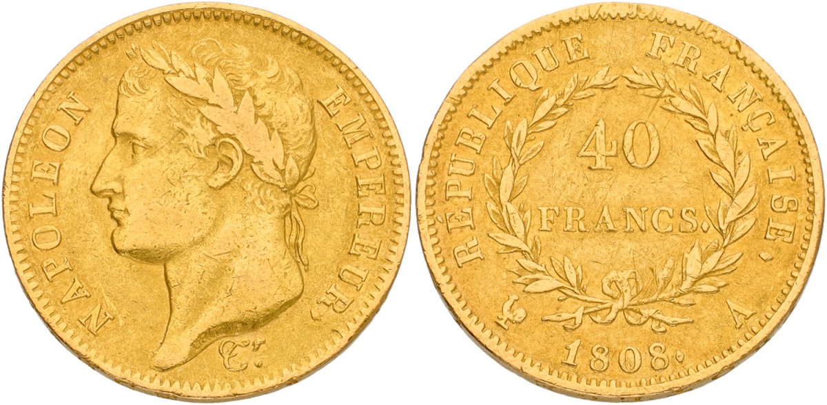 France. Paris. Napoleon Bonaparte. 40 Francs. 1808. VF.