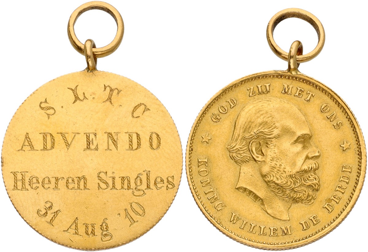 Nederland. 31 Augustus 1910. Prijspenning voor heren singles tennis - gegraveerd in een gouden tientje Willem III. AUnc.