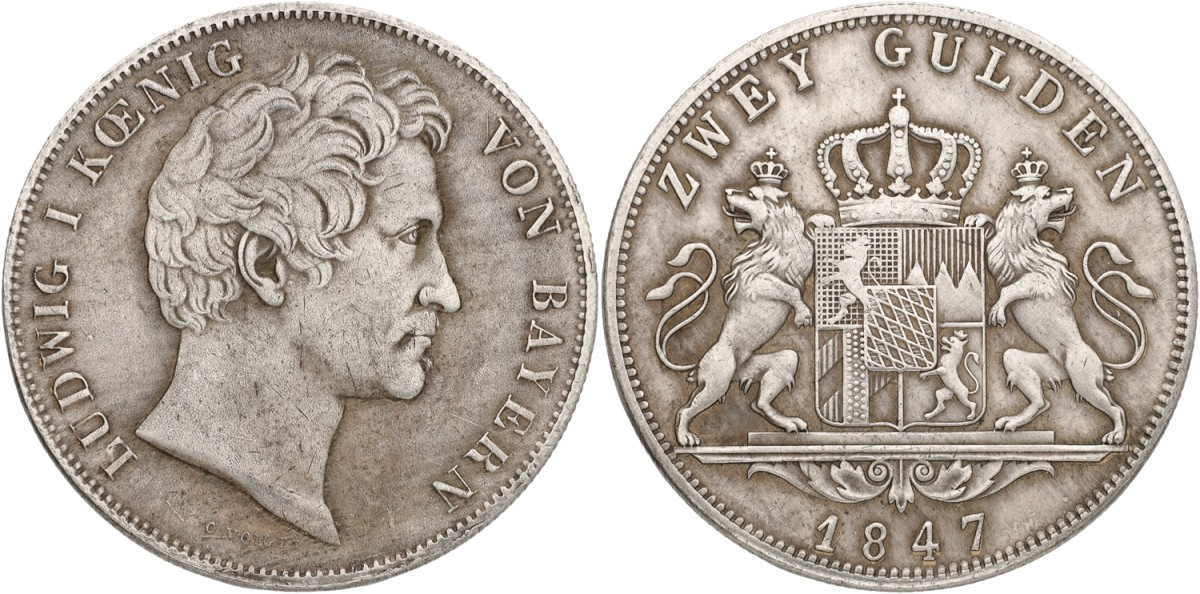 German States. Bavaria. Ludwig II. 2 Gulden. 1847. XF.