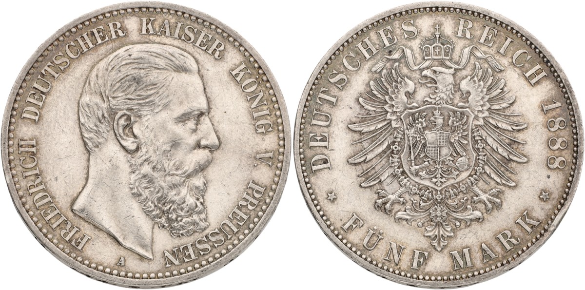 German States. Prussia. Friedrich III. 5 Mark. 1888. XF +.