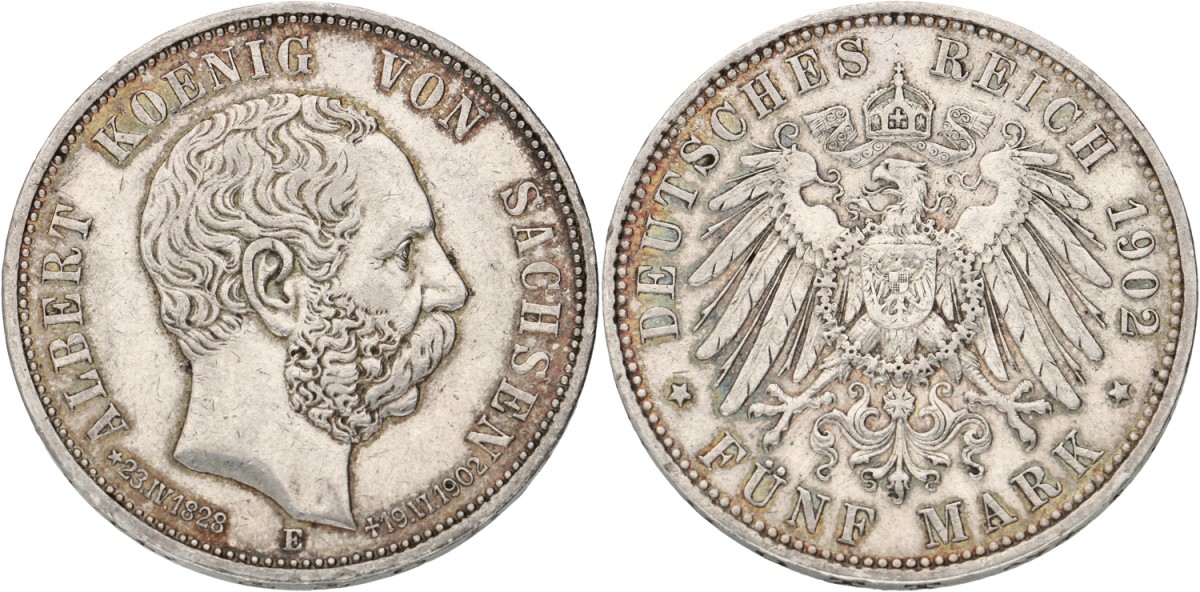 German States. Saxony. Albert. 5 Mark. 1902. XF.