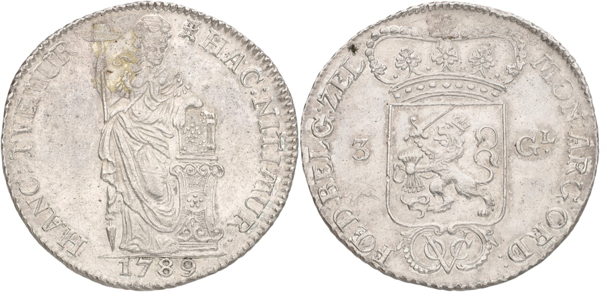 3 Gulden. V.O.C. (Zeeland). 1789. XF -.