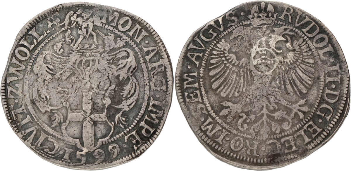 Gehelmde rijksdaalder. Zwolle. Rudolf II. 1599. VF +.