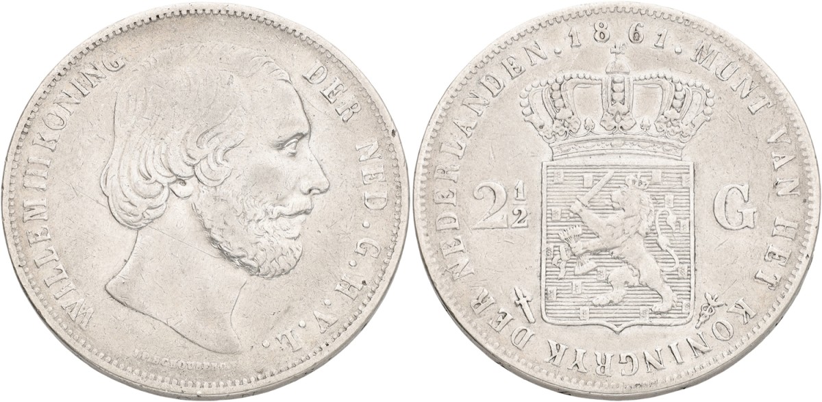 2½ Gulden. Willem III. 1861 - Without dot after F. VF -.