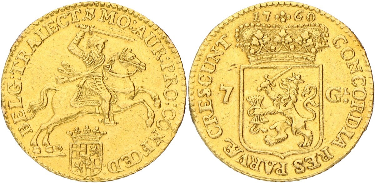 Halve gouden rijder van 7 gulden. Utrecht. 1760. VF +.