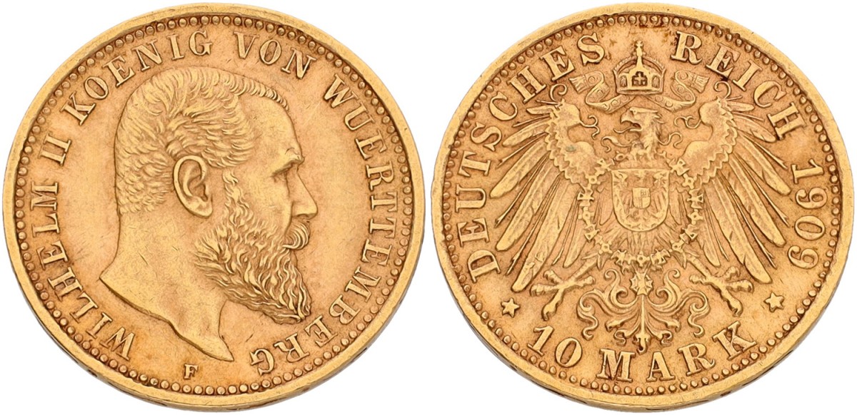 German States. Württemberg. Wilhelm II. 10 Mark. 1909 F. XF.