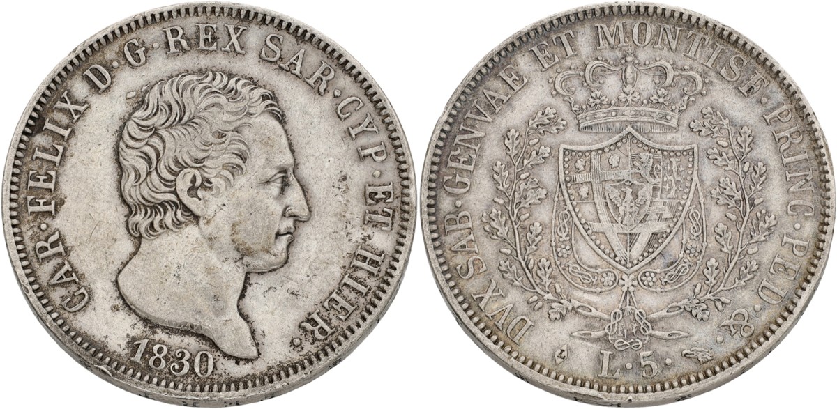 Italian states. Kingdom of Sardinia. Carlo Felice. 5 Lire. 1830 L. VF / XF.