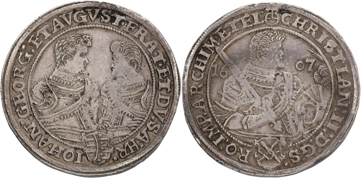 German States. Saxony. Christian II, John George I and August. Thaler. 1607. VF.