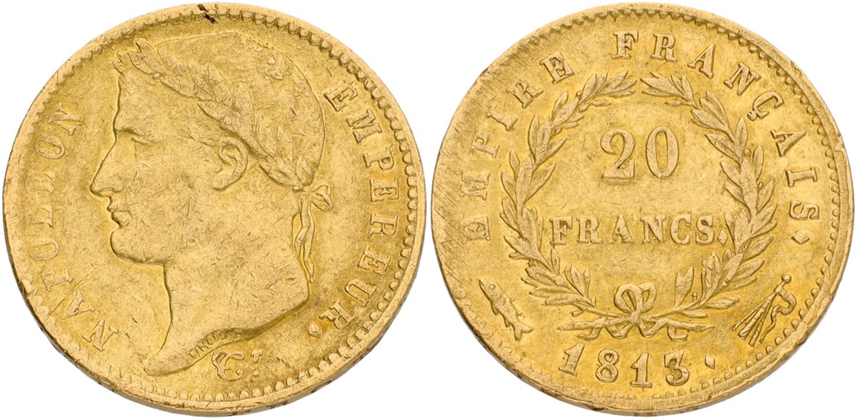 20 Francs. Napoleon I. 1813. VF.