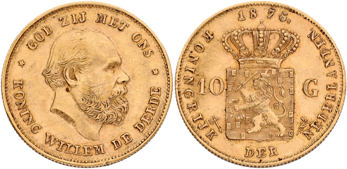 10 Gulden. Willem III. 1875/74. XF +.