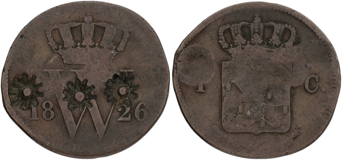 1 Cent. Willem I. 1826 - With 3 countermarks. F / VF.