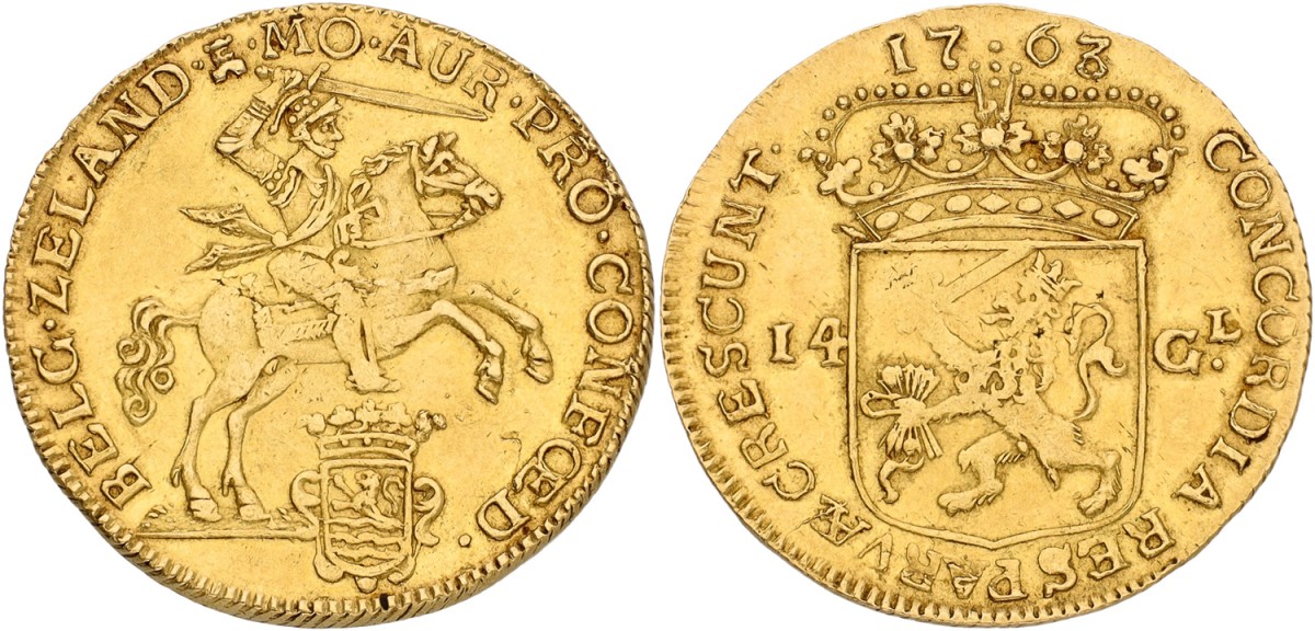 Gouden rijder van 14 gulden. Zeeland. 1763. VF +.