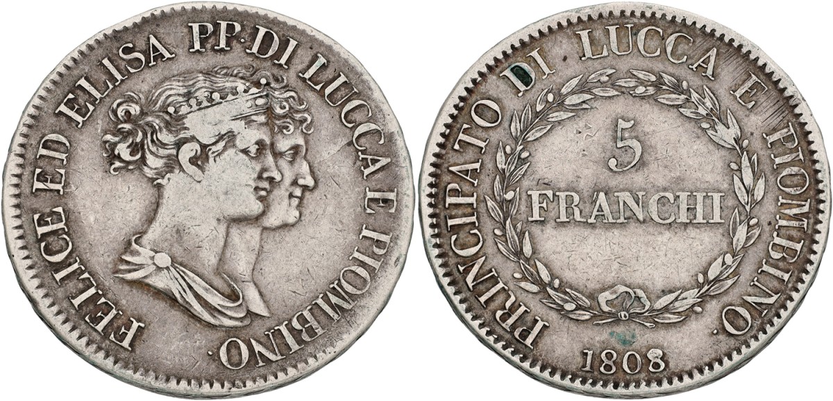 Italian states. Lucca. 5 Franchi. 1808. VF / XF.