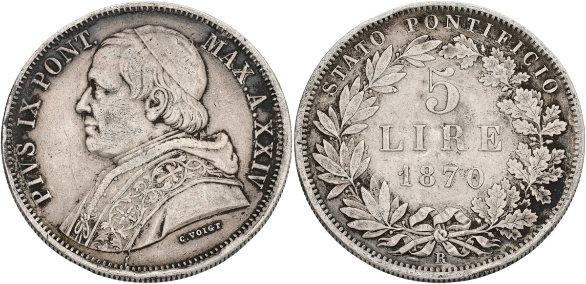 Italian states. Papal states. Pius IX. 5 Lire. 1870. VF +.