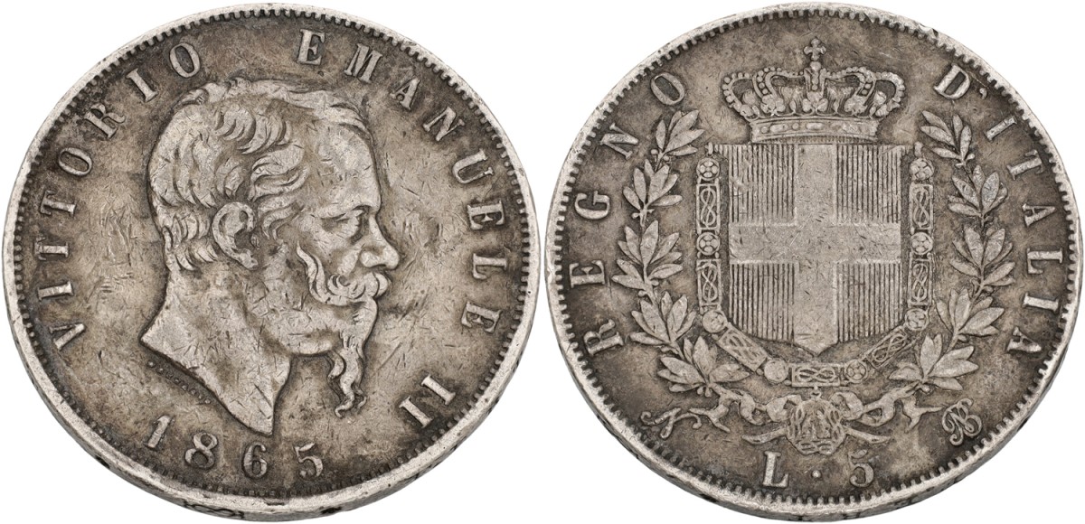 Italy. Kingdom. Vittorio Emanuele. 5 Lire. 1865 T. VF.