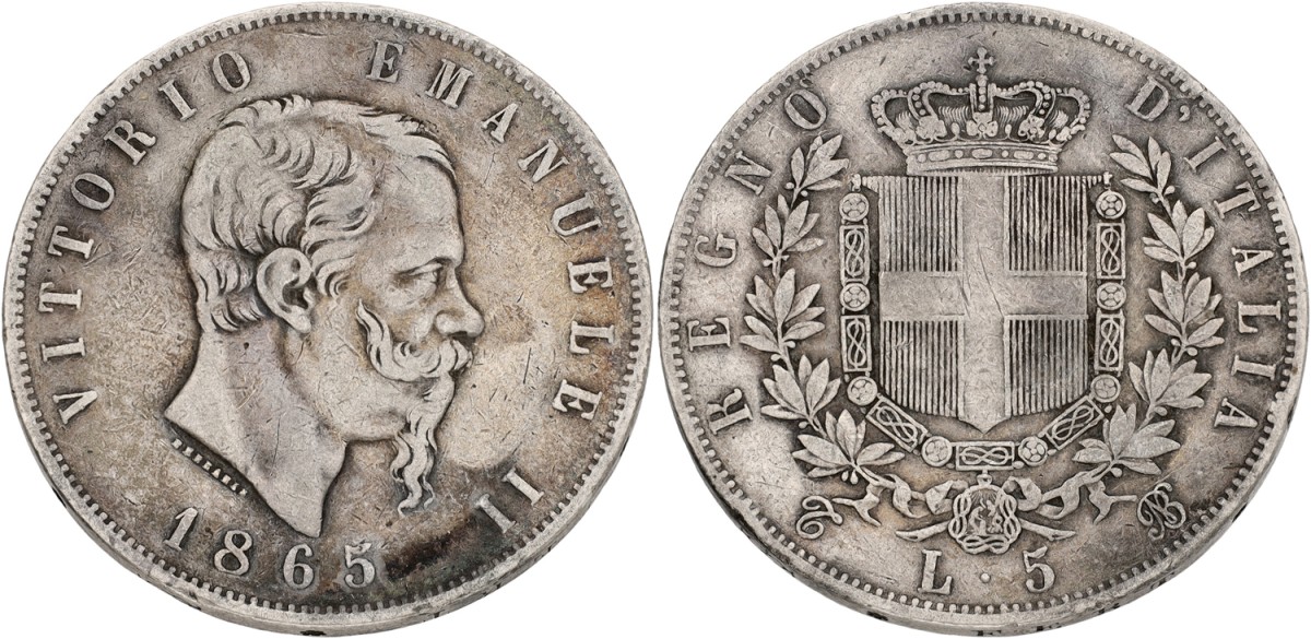 Italy. Kingdom. Vittoria Emanuele. 5 Lire. 1865 N. VF.
