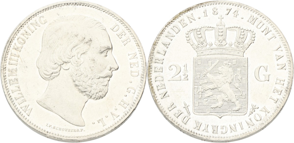 2½ Gulden. Willem III. 1874. XF +.