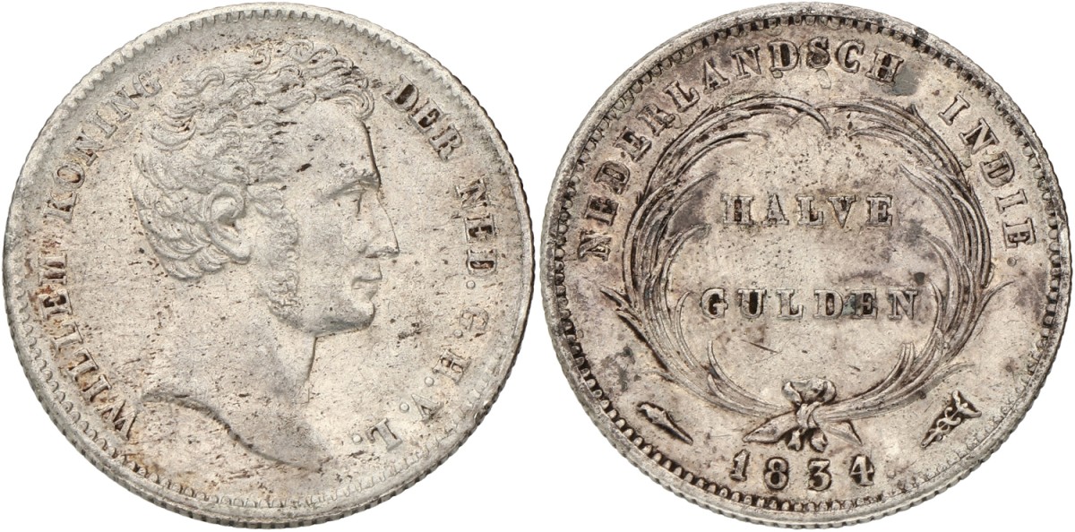 ½ Gulden. Nederlands-Indië. Willem I. 1834. VF +.