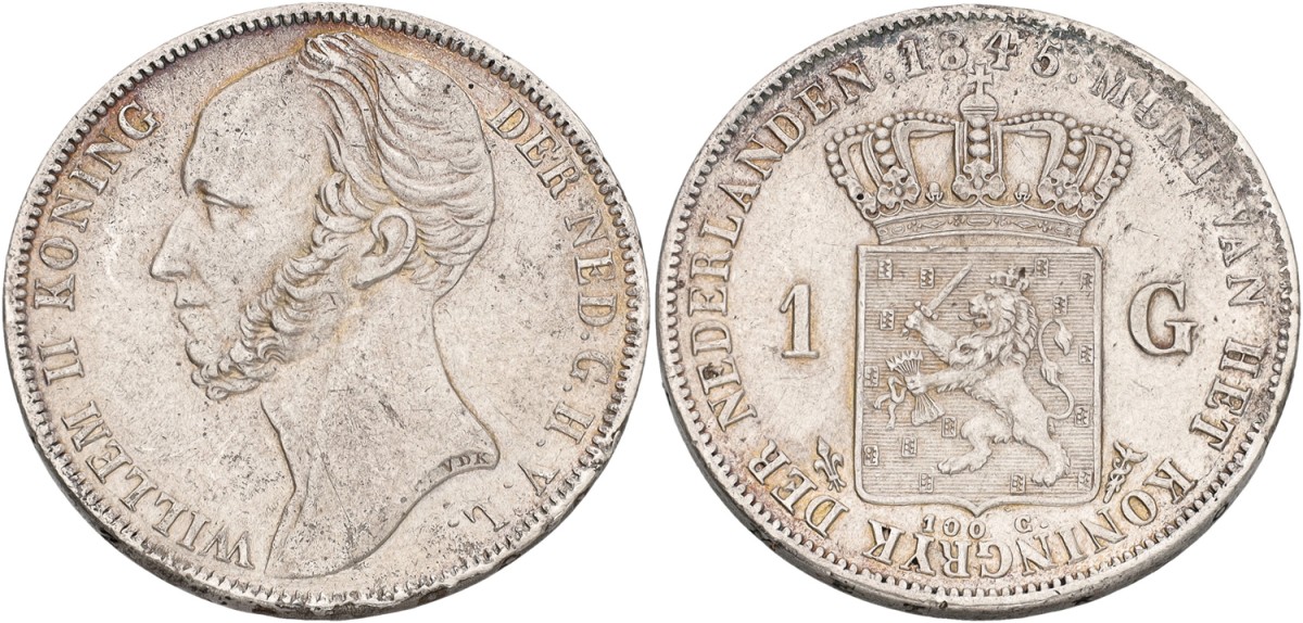 1 Gulden. Willem II. 1845 - Without line between crown and shield. VF / XF.