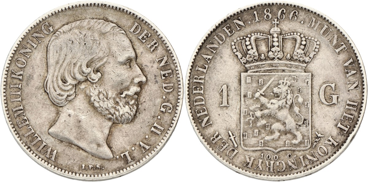 1 Gulden. Willem III. 1866. VF -.