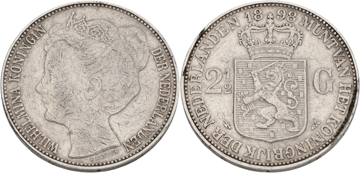 2½ Gulden. Wilhelmina. 1898 - With dot. VF -.