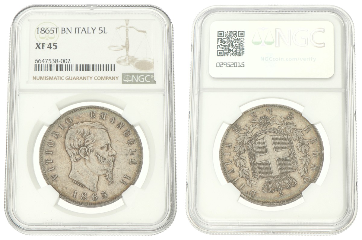 Italy. Kingdom. Vittorio Emanuele II. 5 lire. 1865 T BN. XF 45.
