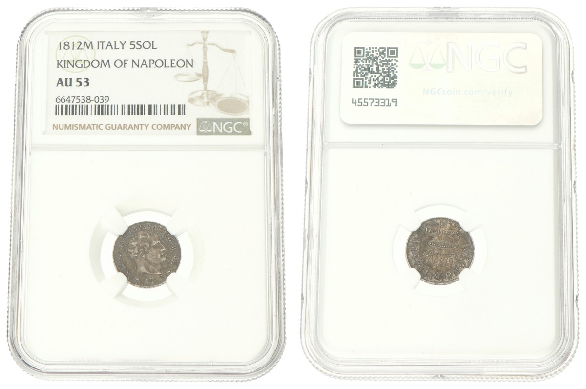 Italian states. Napoleonic kingdom. Napoleon. 5 Soldi. 1812 M. AU 53.