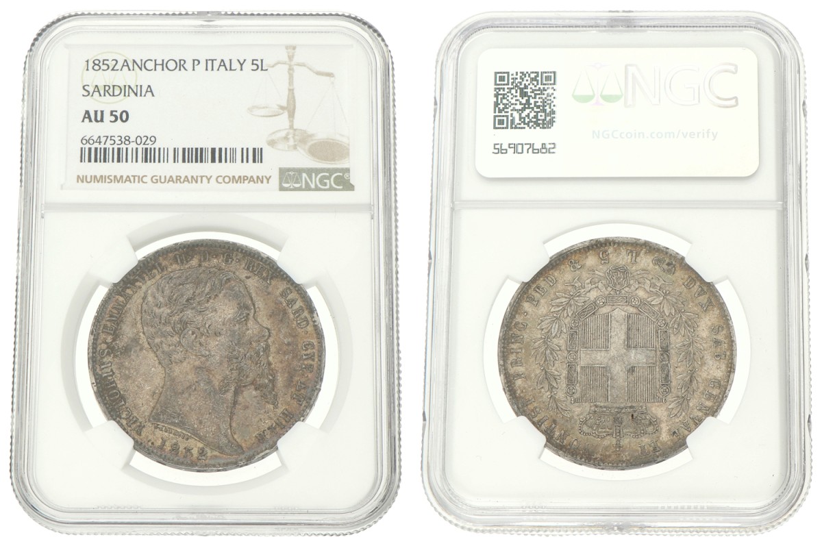 Italian states. Kingdom of Sardinia. Vittoria Emanuele II. 5 Lire. 1852 P. AU 50.