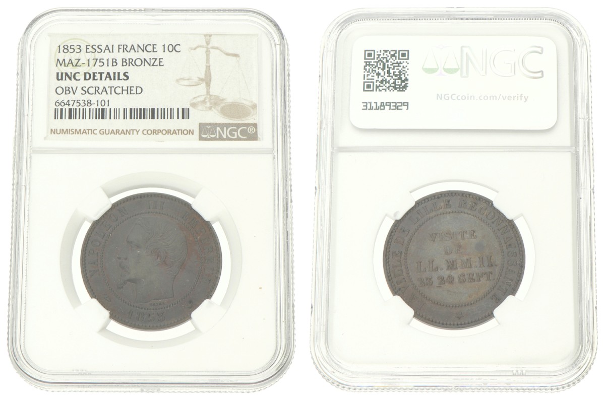 France. Napoleon III. 10 Centimes - Essai. 1853. UNC details.