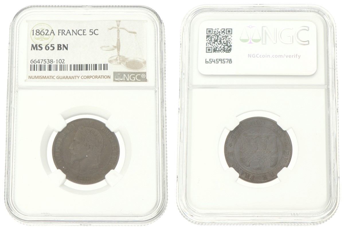 France. Napoleon III. 5 cent. 1862 A. MS 65 BN.