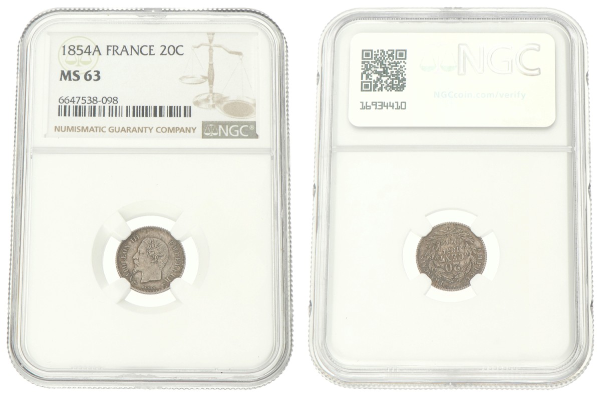 France. Napoleon III. 20 Centimes. 1854 A. MS 63.