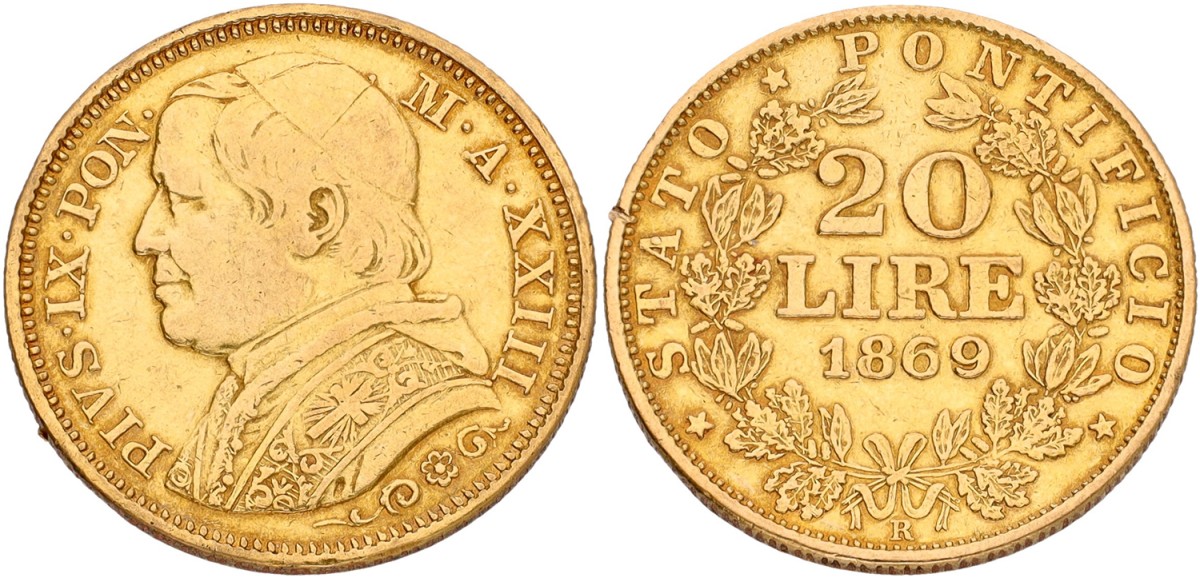 Italian states. Papal states. Pius IX. 20 Lire. 1869. VF.