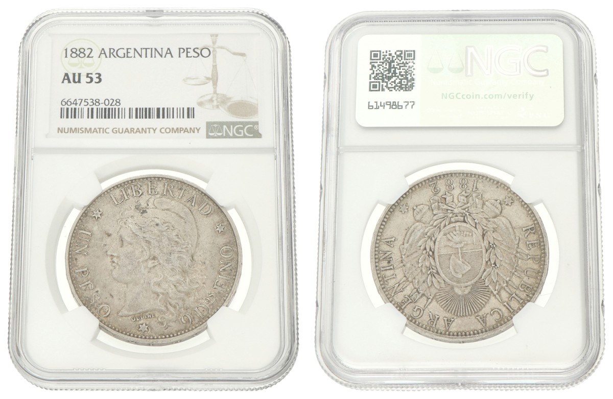 Argentina. Peso. 1882. AU 53.