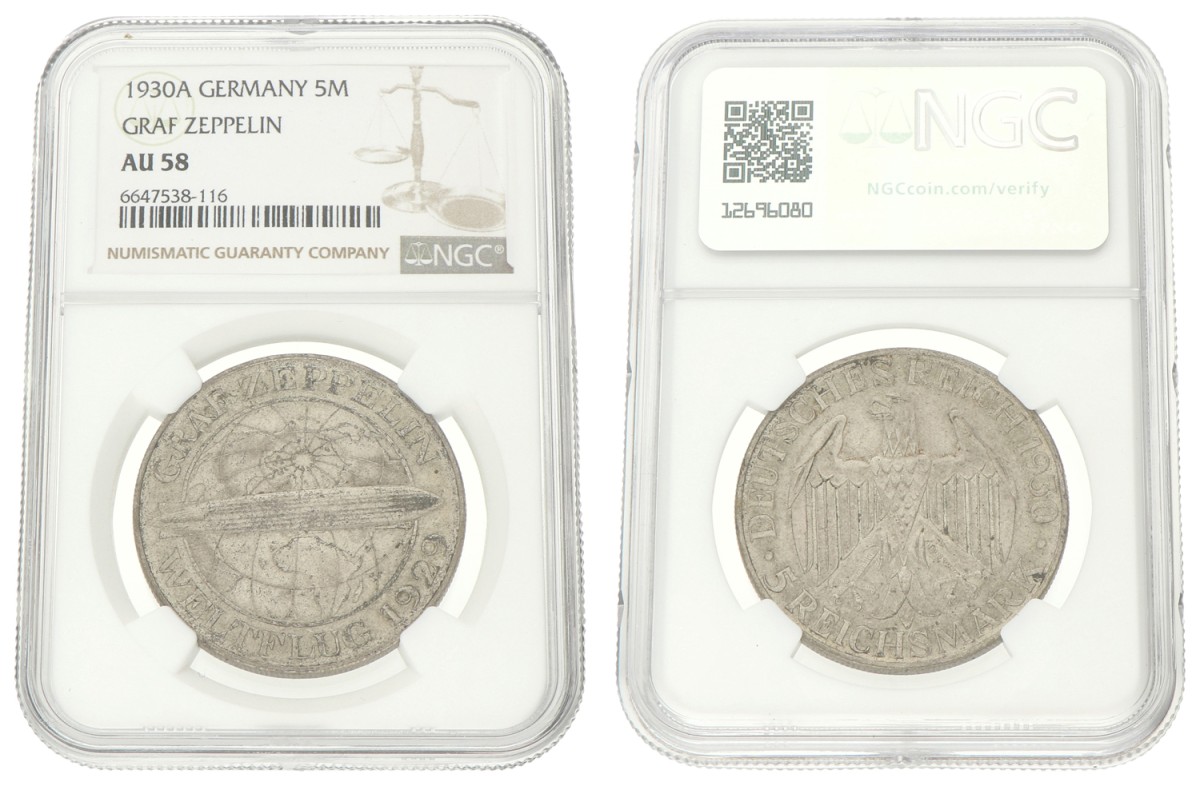 Germany. Weimar republic. 5 Mark - Graf Zeppelin. 1930. AU 58.