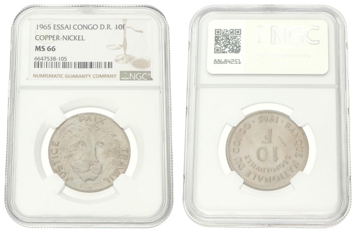 Congo. 10 Francs - Essai in Copper-Nickel. 1965. MS 66.