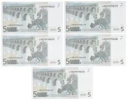 FInland. Lot 5 Banknotes 5 Euro. Banknotes. Type 2002. - UNC