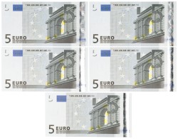 FInland. Lot 5 Banknotes 5 Euro. Banknotes. Type 2002. - UNC