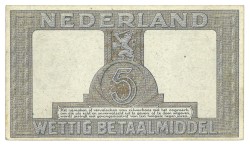 Nederland. 5 Gulden. Zilverbon. Type 1944. - UNC