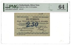 Nederland. 2 1/2 Gulden. Zilverbon. Type 1914. - PMG 64