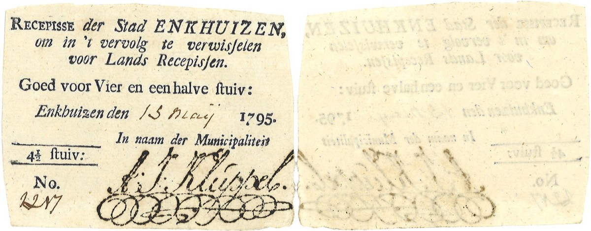 Nederland. 4,5 Stuiver. Recepisse. Type 1795. Type Enkhuizen. - Fraai / Zeer Fraai.