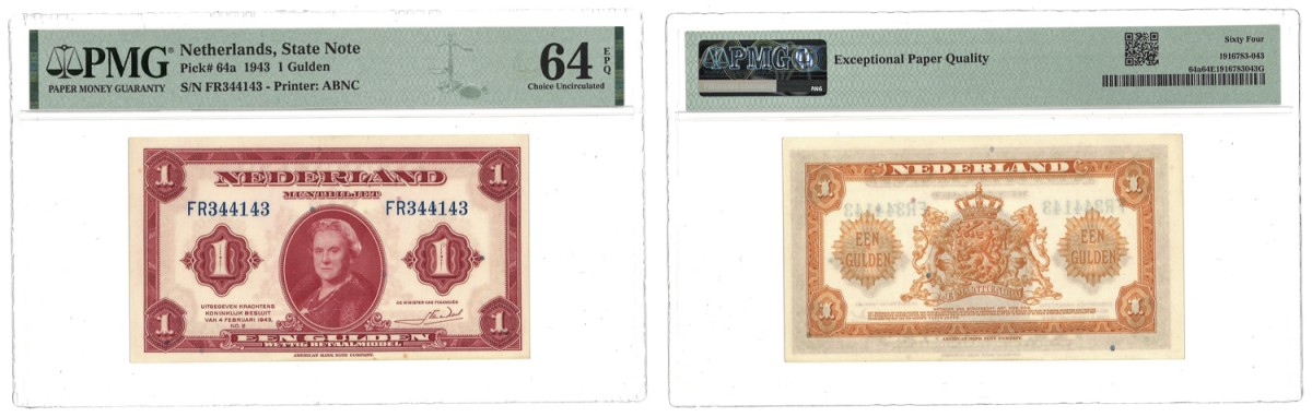 Nederland. 1 Gulden. Bankbiljet. Type 1943. - PMG 64EPQ