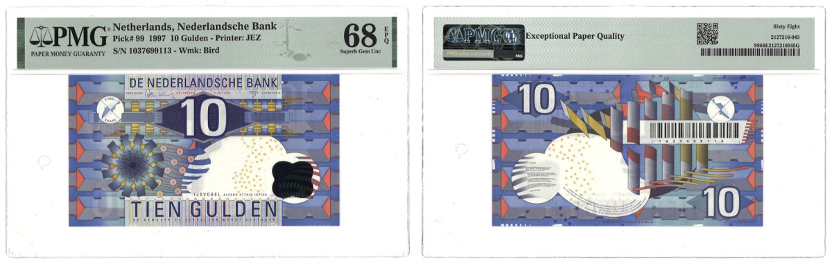 Nederland. 10 Gulden. Bankbiljet. Type 1997. Type IJsvogel. - PMG 68EPQ