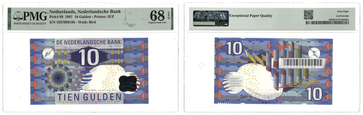 Nederland. 10 Gulden. Bankbiljet. Type 1997. Type IJsvogel. - PMG 68EPQ