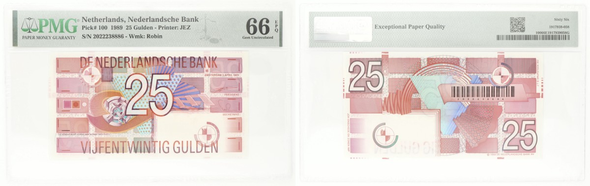 Nederland. 25 Gulden. Bankbiljet. Type 1989. Type Roodborstje. - PMG 66 EPQ