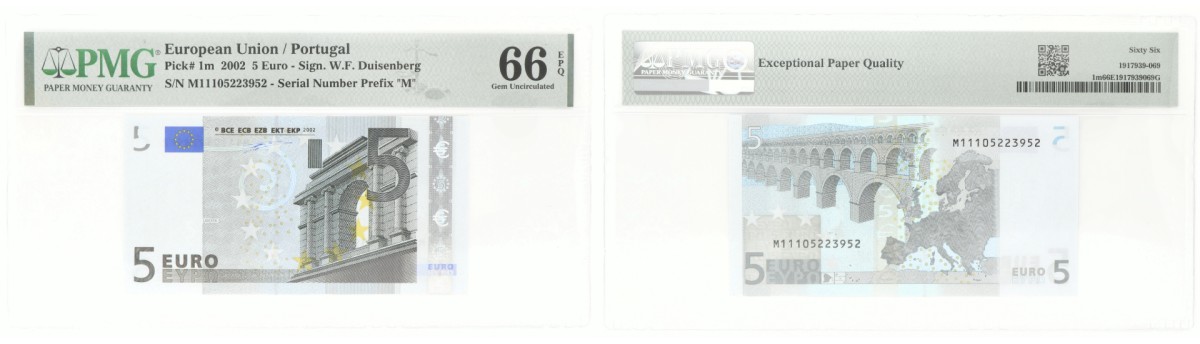 European Union / Portugal. 5 Euro. Bankbiljet. Type 2002. - PMG 66 EPQ