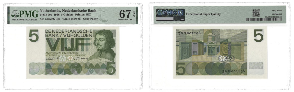 Nederland. 5 Gulden. Bankbiljet. Type 1966. Type Vondel I. - PMG 67 EPQ