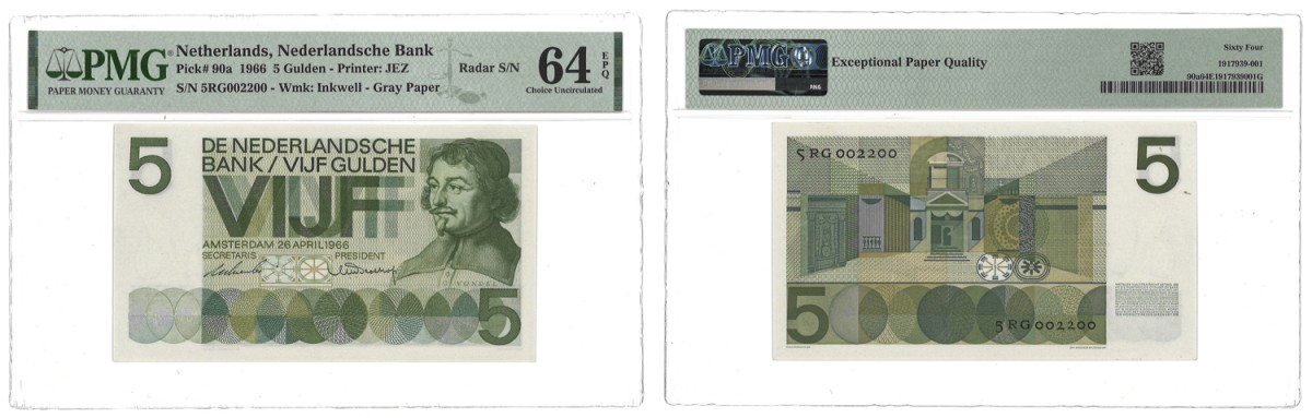 Nederland. 5 Gulden. Bankbiljet. Type 1966. Type Vondel I. - PMG 64 EPQ