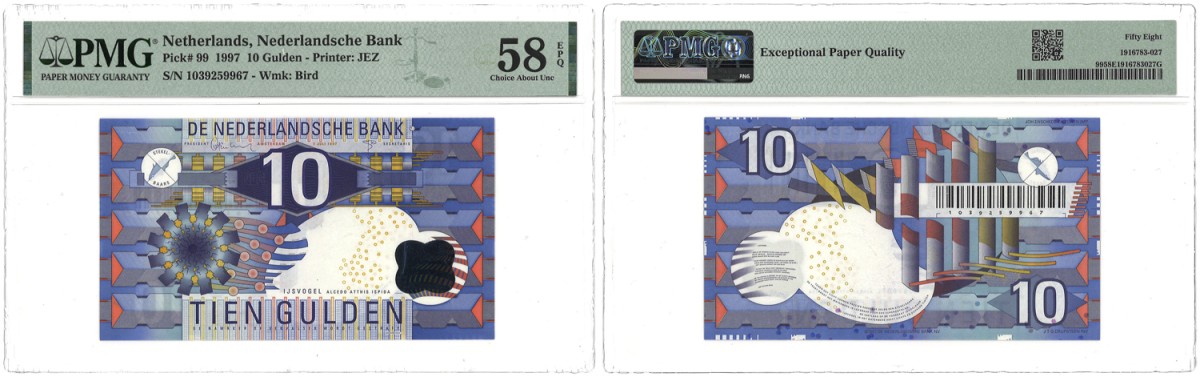 Nederland. 10 Gulden. Bankbiljet. Type 1997. Type IJsvogel. - PMG 58EPQ