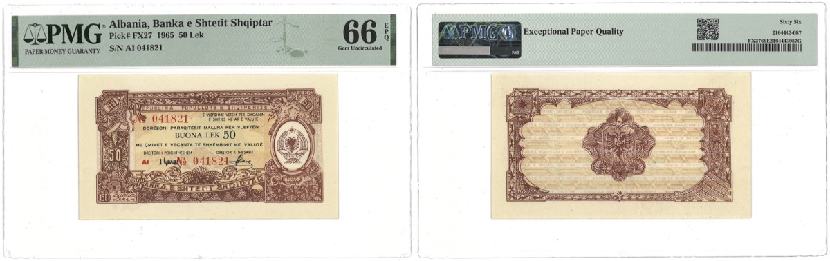 Albania. 50 Lek. Banknote. Type 1965. - PMG 66EPQ